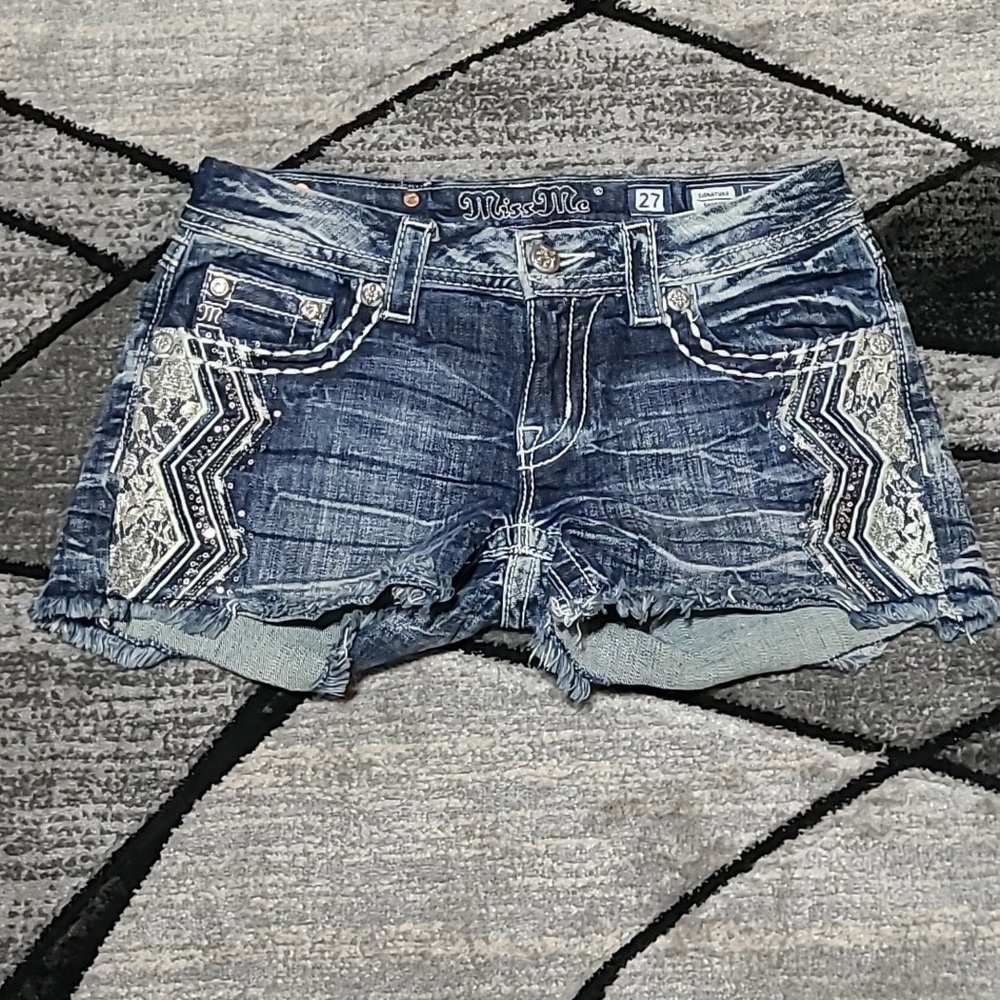 MISS ME SIGNATURE RHINESTONES SEQUINS LACE EMBROIDERED DENIM JEAN SHORTS - Picture 8 of 14